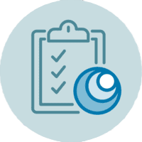 Icon of a clipboard with checkmarks representing our World-Class Facilities and a blue spiral swirl on a light blue circle background. 