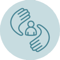 Personalised Care A blue icon depicting two stylized hands surrounding a person on a light blue circle background.