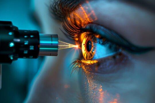 A close-up of a human eye undergoing LASIK eye surgery, with bright orange and yellow lights reflecting on the eye and a medical device positioned near the cornea for vision correction.