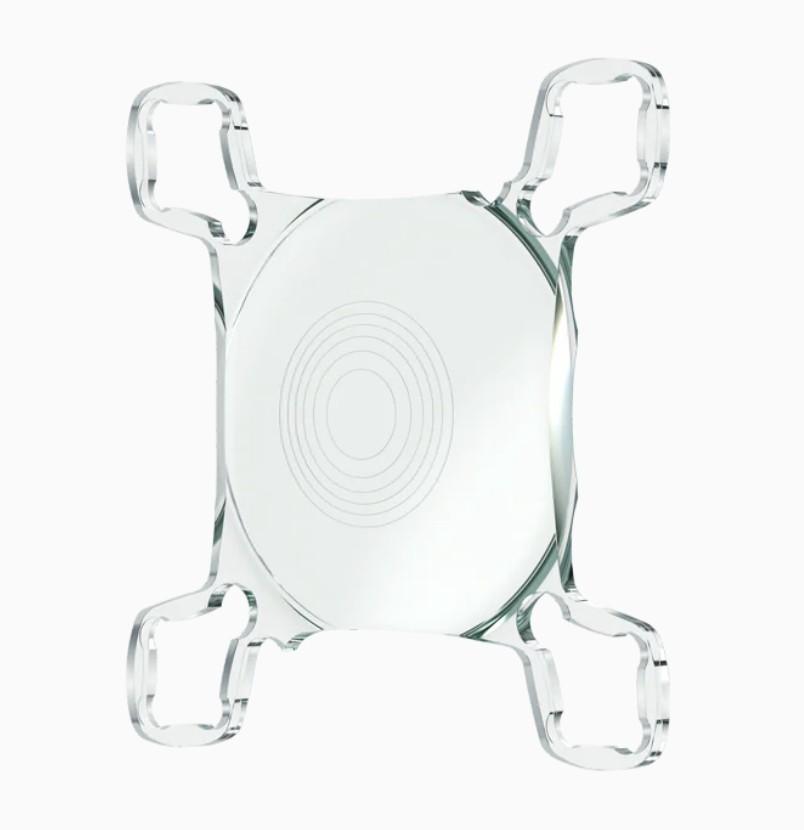 The 1stQ AddOn multifocal upgrade lens: a clear trifocal optic with fine diffractive rings, and four flexible loop-shaped haptics that hold it in the ciliary sulcus.