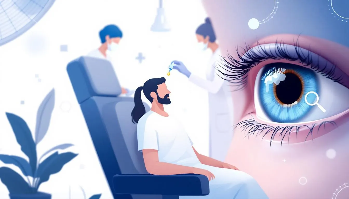 A person sits in a medical chair while a healthcare professional puts eye drops in their eye, another professional is in the background, and a large detailed eye illustration appears on the right, highlighting aspects of cataract eye surgery.