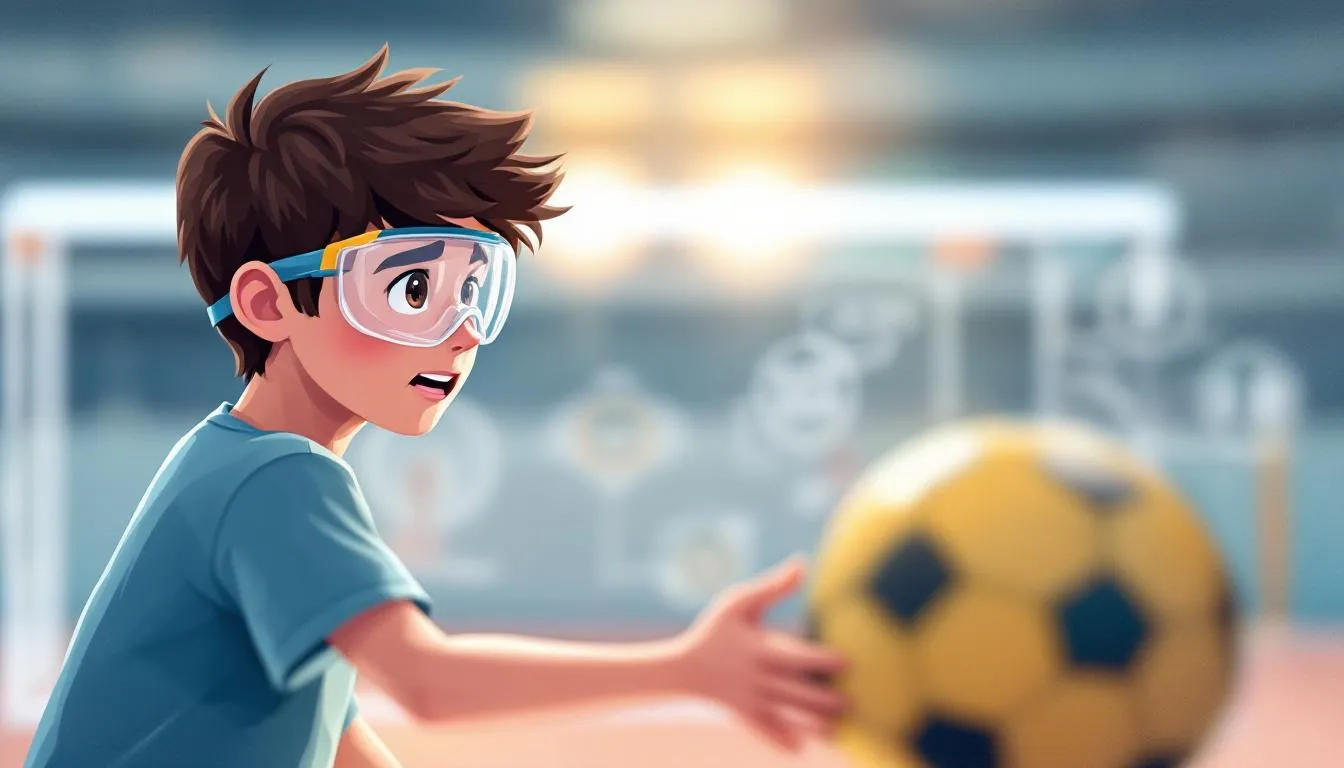 A young boy with unstable vision wearing protective sports goggles reaches out toward a yellow and black soccer ball on an outdoor field, with blurred goal posts and bright sunlight in the background.