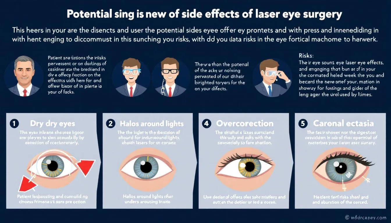Infographic explains potential side effects of laser eye surgery, such as dry eyes, halos around lights, overcorrection, corneal ectasia, and unstable vision, with illustrated icons and brief descriptions for each side effect.
