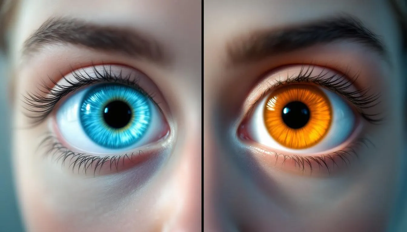 Close-up of two human eyes side by side, one with a bright blue iris and the other vivid orange, showing detailed eyelashes and eyebrows, divided by a vertical black line—ideal for illustrating effects like unstable vision or thin corneas.