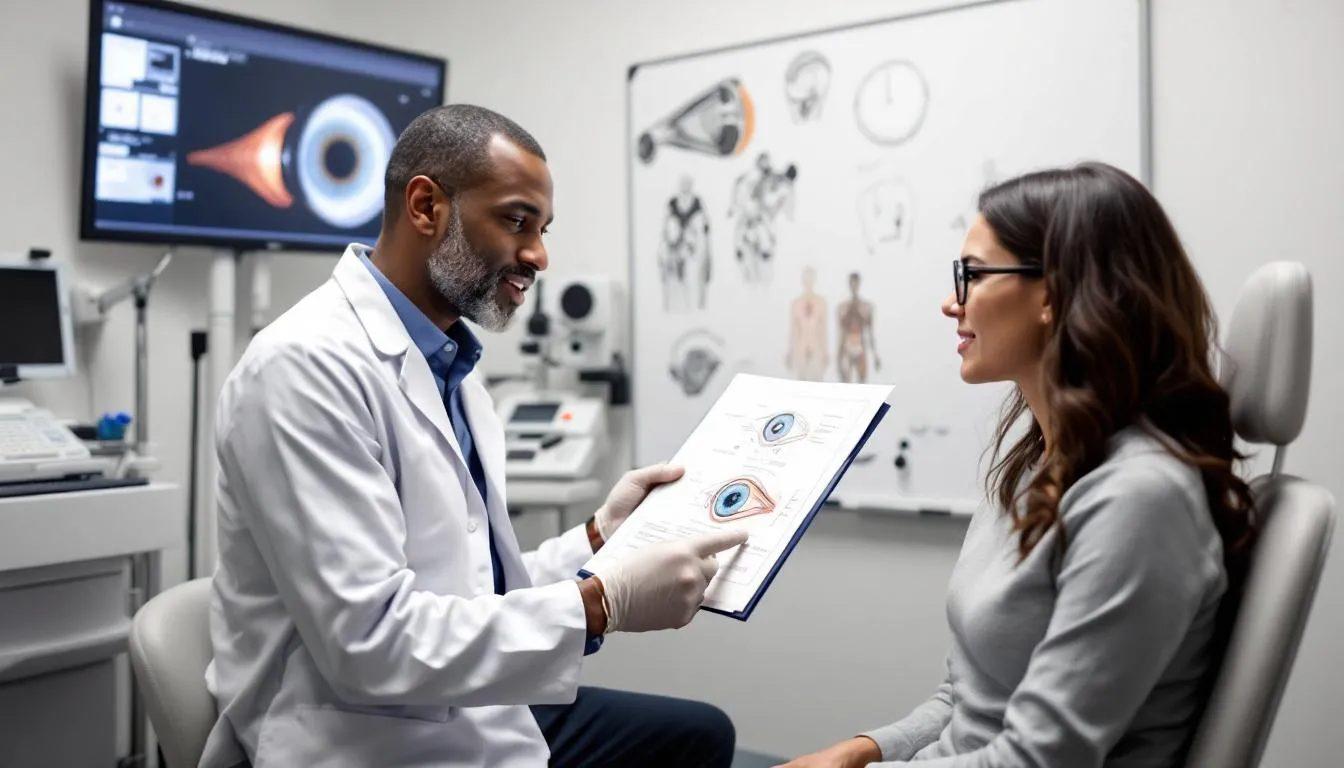 A male doctor in a white coat explains an eye diagram to a female patient in an exam room, discussing unstable vision, with eye charts and anatomy images visible in the background.