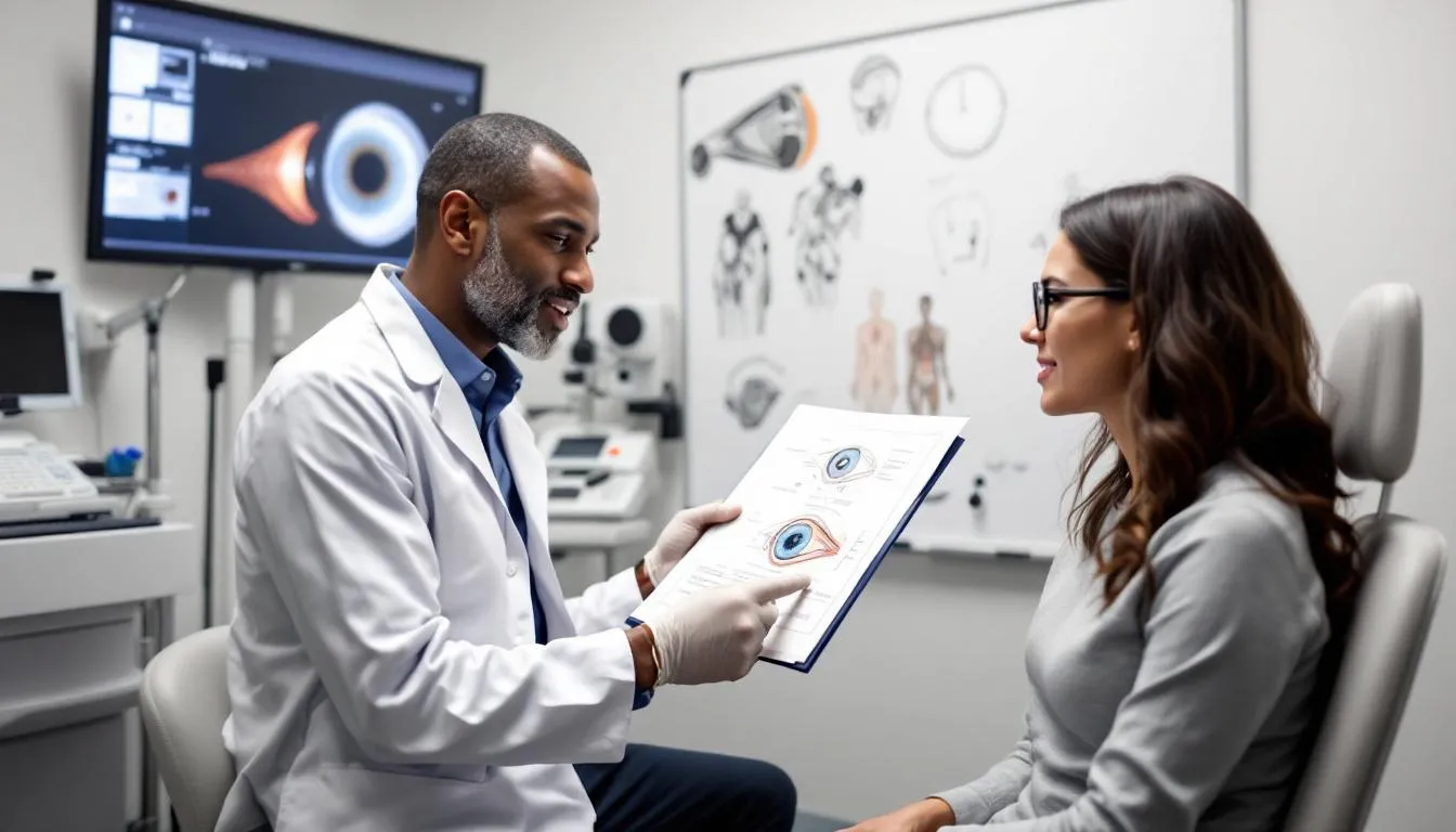 A male doctor in a white coat explains an eye diagram to a female patient in an exam room, discussing unstable vision, with eye charts and anatomy images visible in the background.