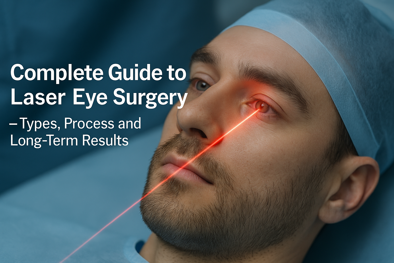 A man wearing a surgical cap lies on an operating table with a red laser beam directed at his eye. Text on the image reads: Complete Guide to Laser Eye Surgery – Types like LASIK & PRK, Process and Long-Term Results.
