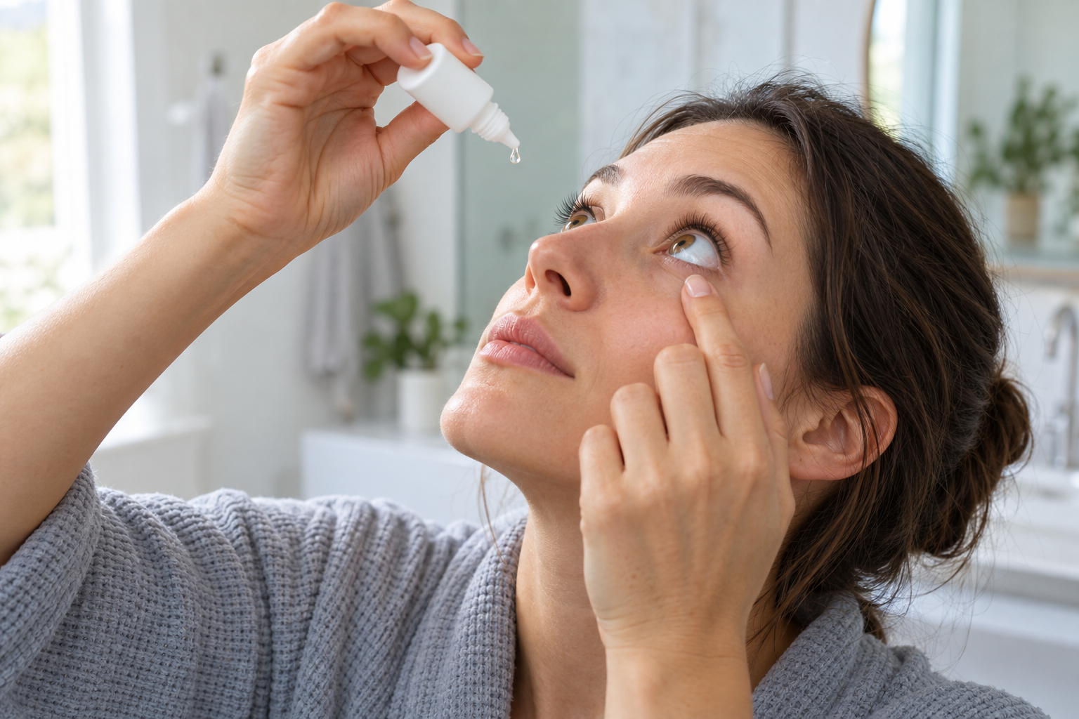 Woman applying prescribed eye drops at home after laser eye surgery