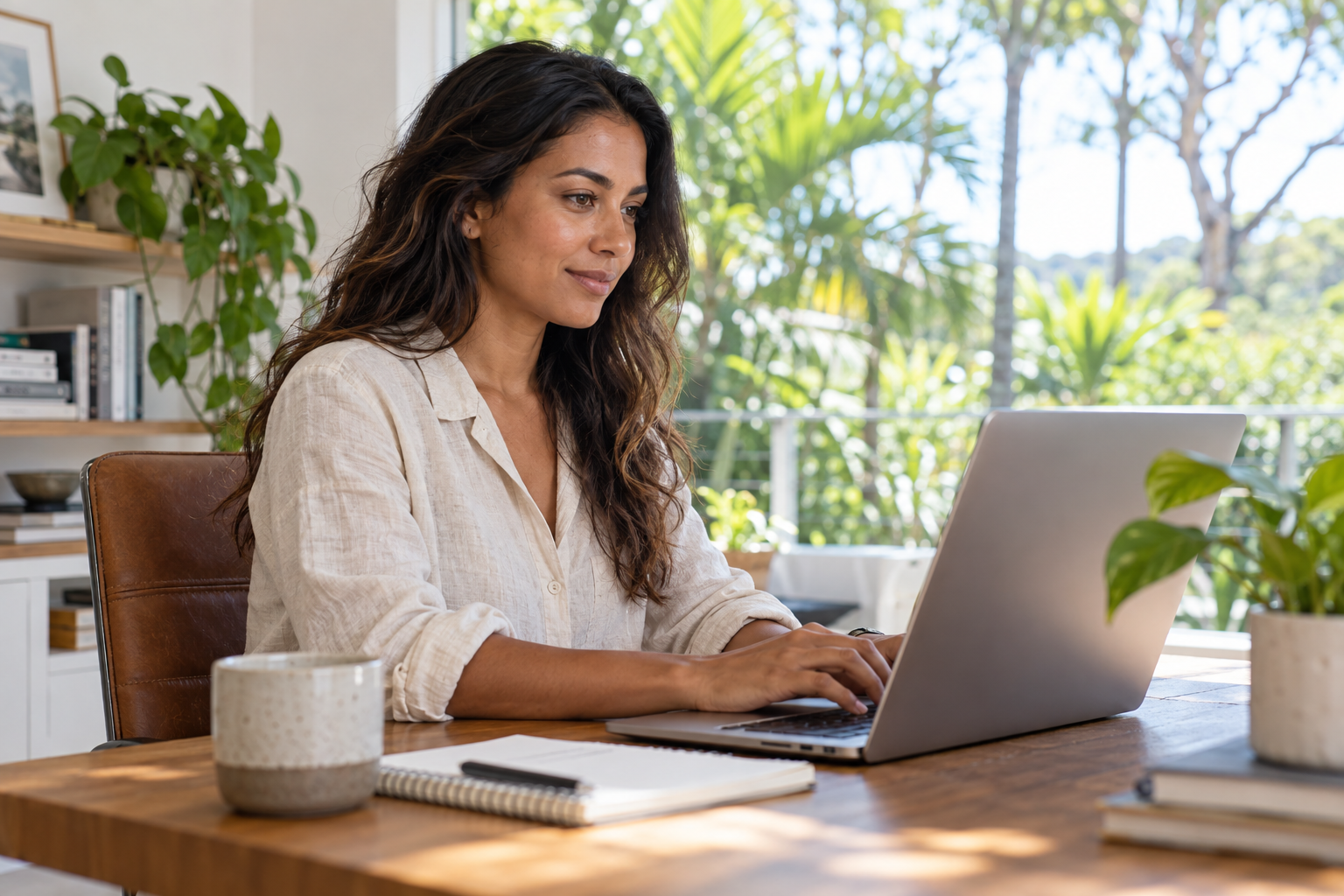 Woman working on a laptop at a desk in a bright home office during recovery from laser eye surgery