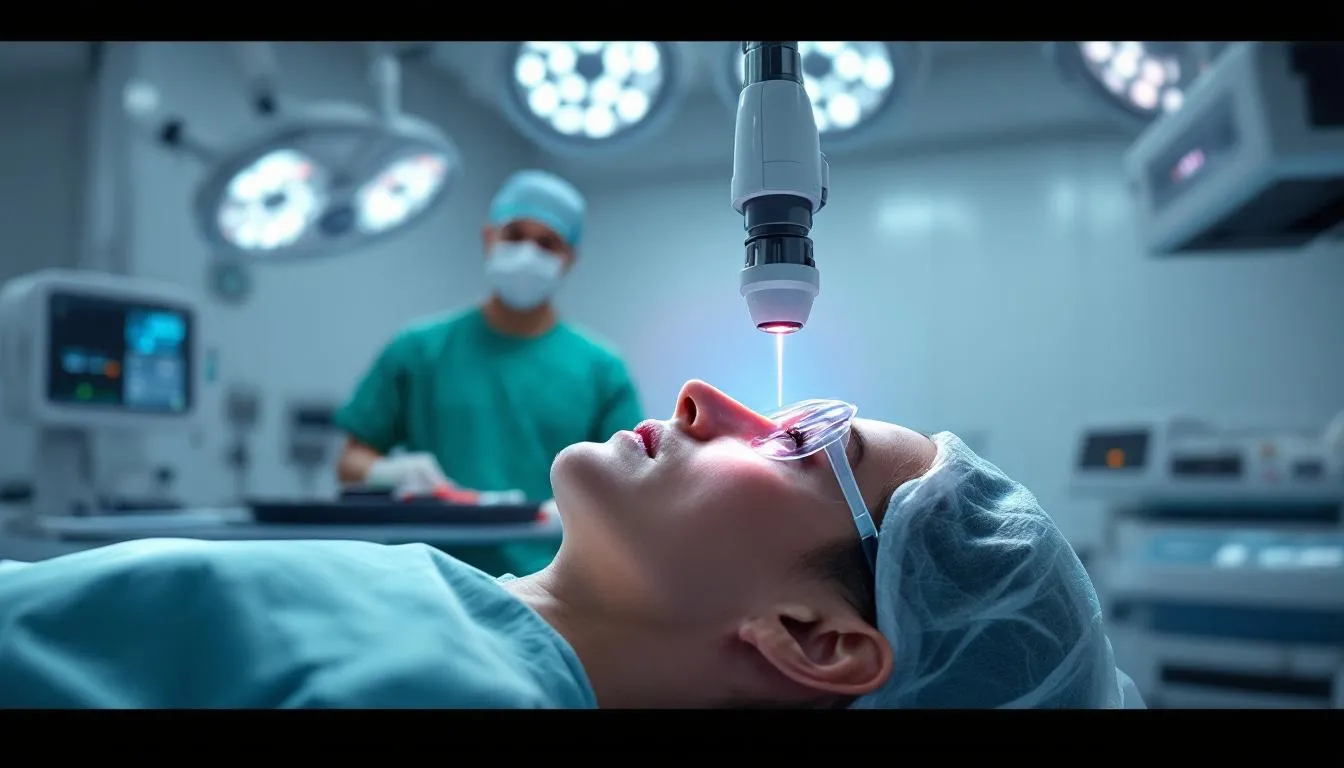 A patient with unstable vision lies on an operating table wearing protective glasses, receiving laser eye surgery. A surgeon in scrubs and a mask stands in the background, with bright surgical lights overhead.