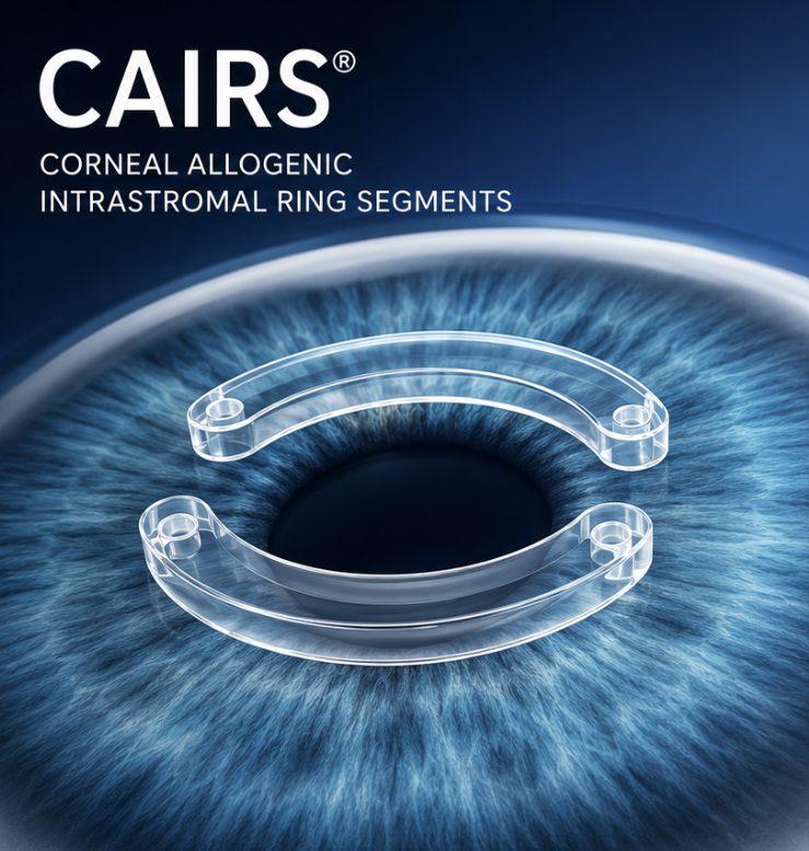 Illustration of CAIRS: two clear corneal allogenic intrastromal ring segments shown over a blue iris.