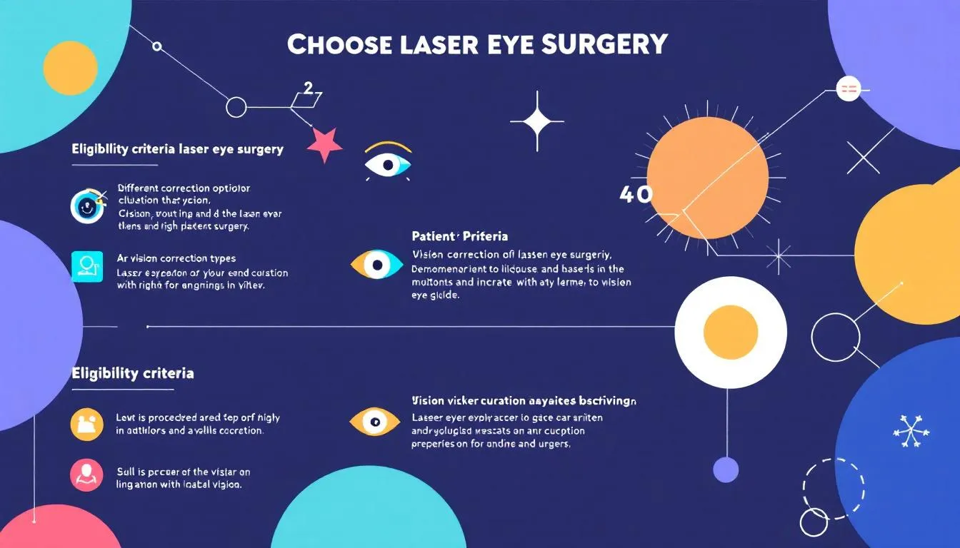 Infographic about laser eye surgery suitability, showing eligibility criteria, types of correction, patient priorities, and vision correction analysis, with colorful abstract shapes and icons on a dark blue background.