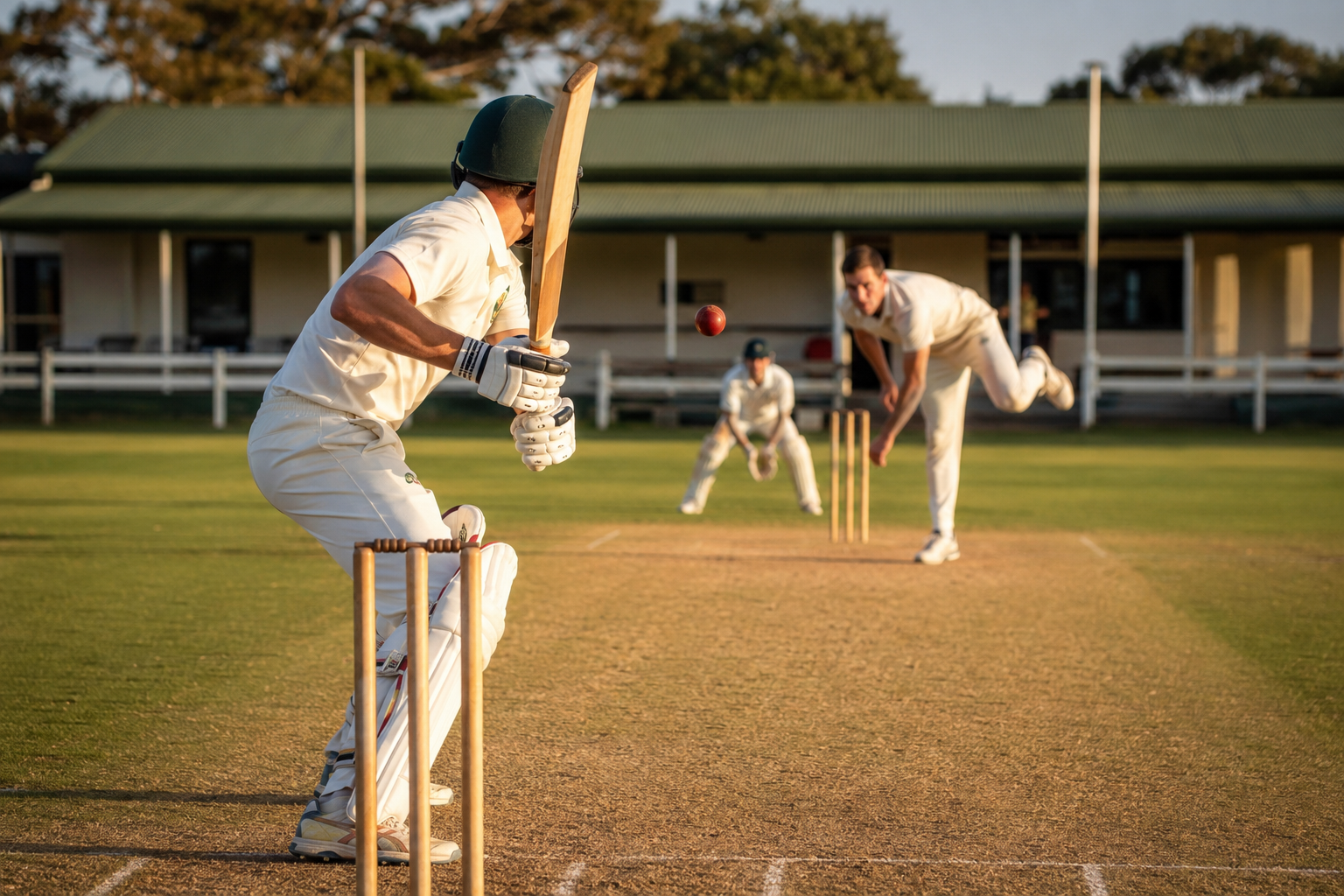 Cricket batter facing a fast bowler, a sport where sharp visual acuity helps track the ball