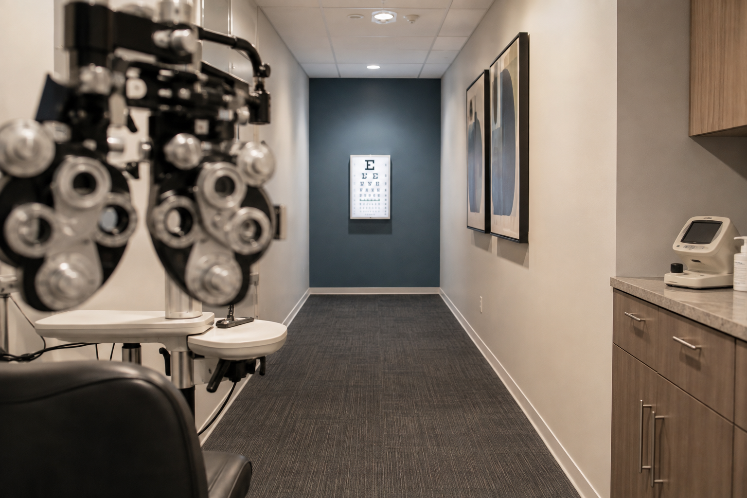 Phoropter in an eye examination room, with a letter chart at the end of the corridor