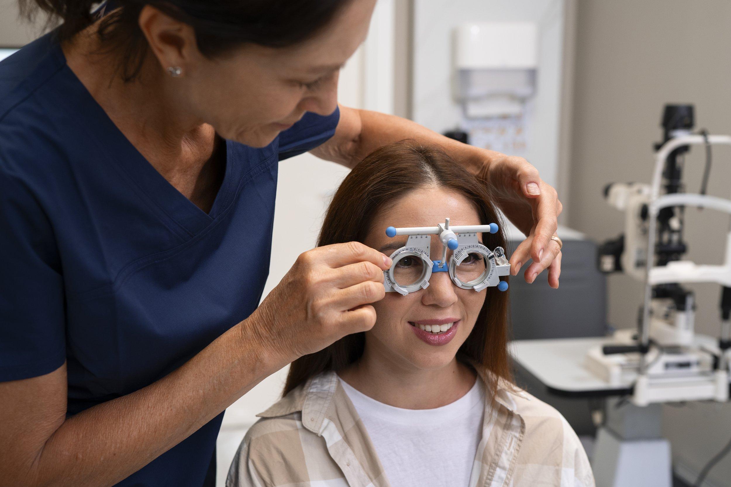 An optometrist adjusts a phoropter on a smiling woman during an eye exam in a clinic, discussing presbyopia treatment as ophthalmic equipment is visible in the background.