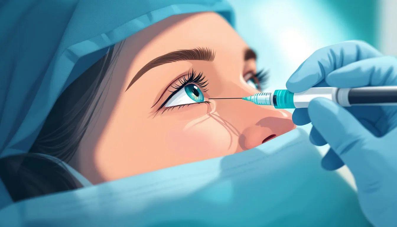 A close-up of a person in surgical clothing receiving an injection near their eye before cataract surgery, with a gloved hand holding a syringe. The person's blue eyes look upward, their face partially covered by a mask and cap.