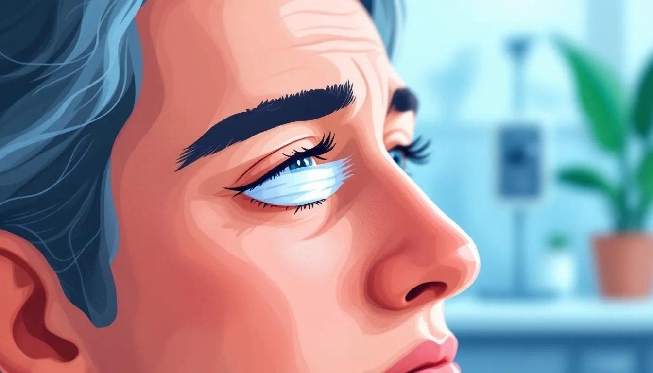 A close-up digital illustration of a person with blue-gray hair looking upward, their detailed eyelashes and thoughtful expression capturing the calm often sought before cataract eye surgery, set against a soft-focus indoor background with a green plant.