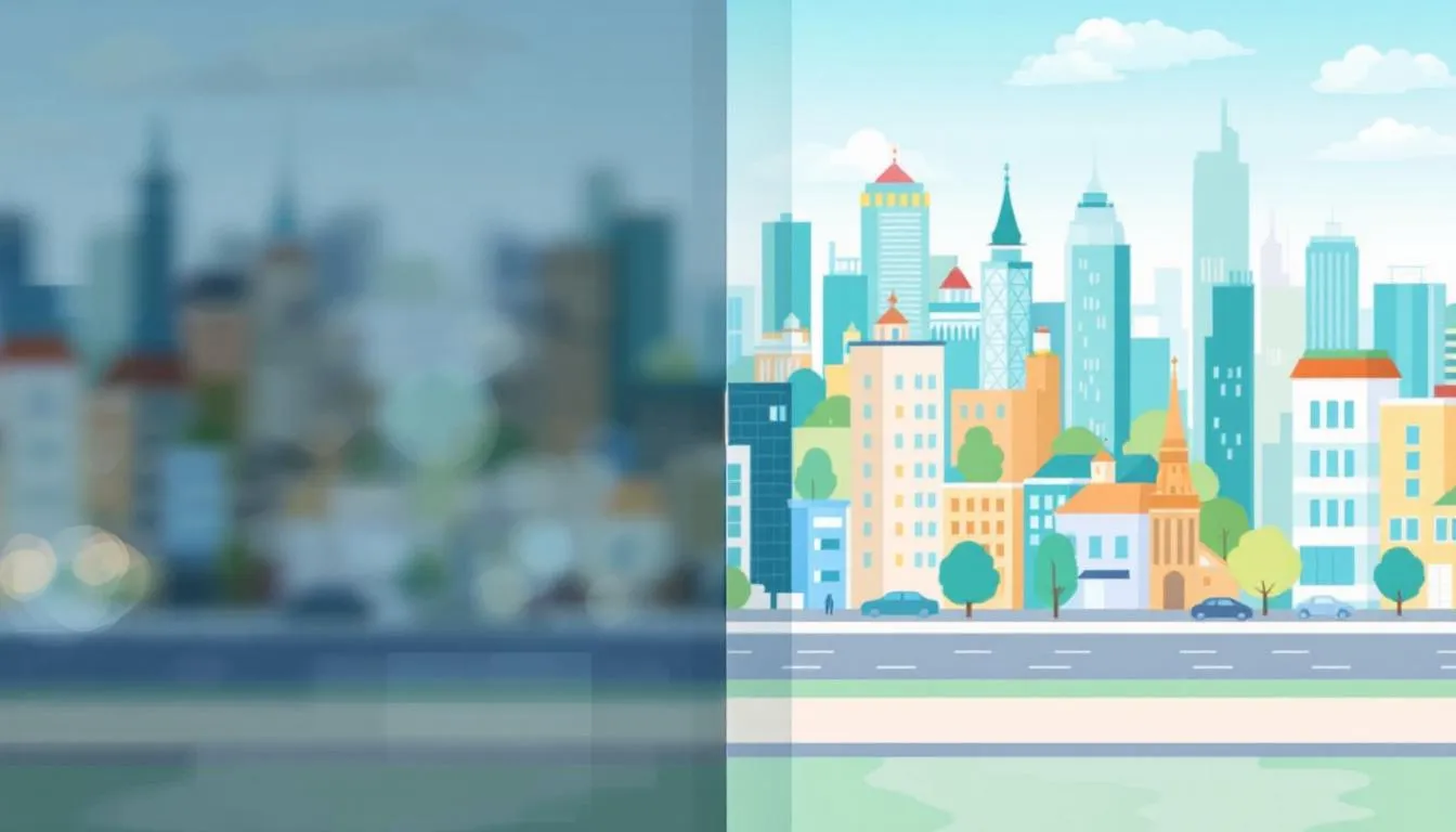 Split-image illustration of a city skyline, with the left side blurred—mimicking hazy vision before cataract surgery—and the right side clear and detailed, showing buildings, trees, a road, and a bright sky.