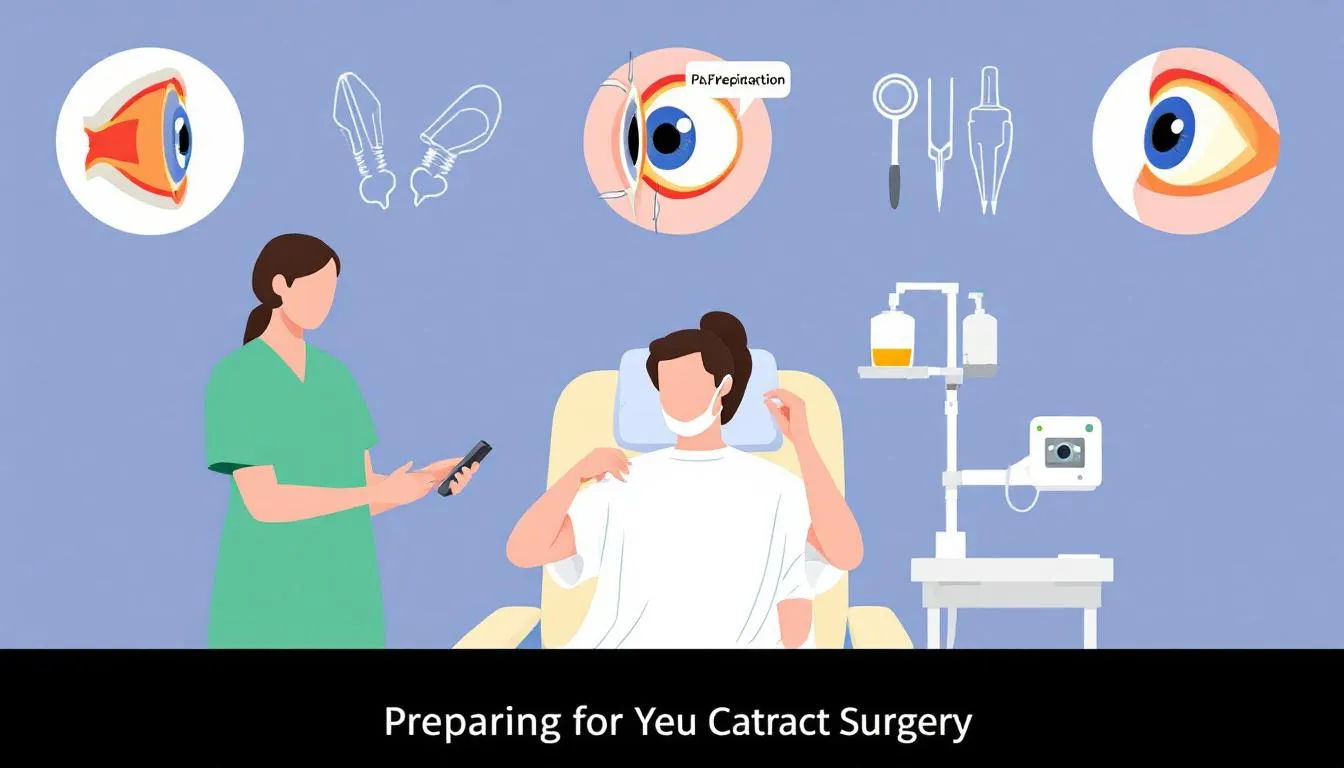 A patient sits in a chair with a nurse beside them, preparing for cataract eye surgery. Medical equipment and eye-related diagrams are shown in the background. Text at the bottom reads, Preparing for Your Cataract Surgery.