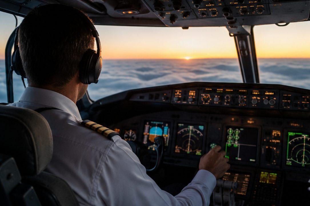 Airline pilot flying at sunset above the clouds, wearing a headset with a hand on the controls.