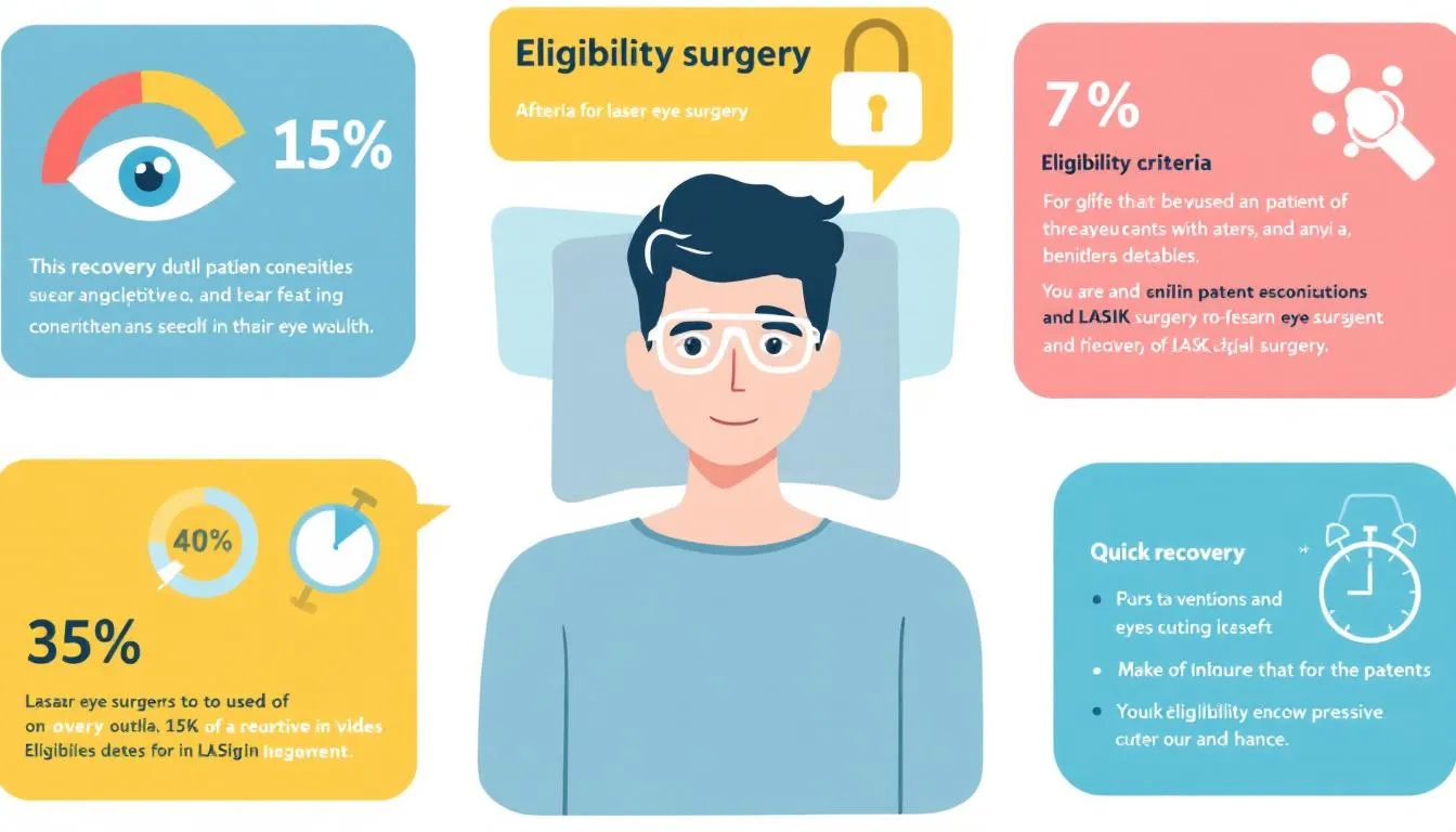 Infographic showing a man lying in bed post-surgery, with statistics and info on laser eye surgery eligibility, recovery rates, and suitability criteria, illustrated with colorful icons, graphs, and brief text explanations.