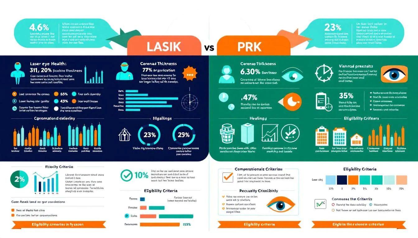 Infographic titled Choose Laser Eye Surgery with eligibility criteria, colorful abstract shapes, icons of an eye, clipboard, and medical symbols, and explanatory text about laser correction and vision requirements.