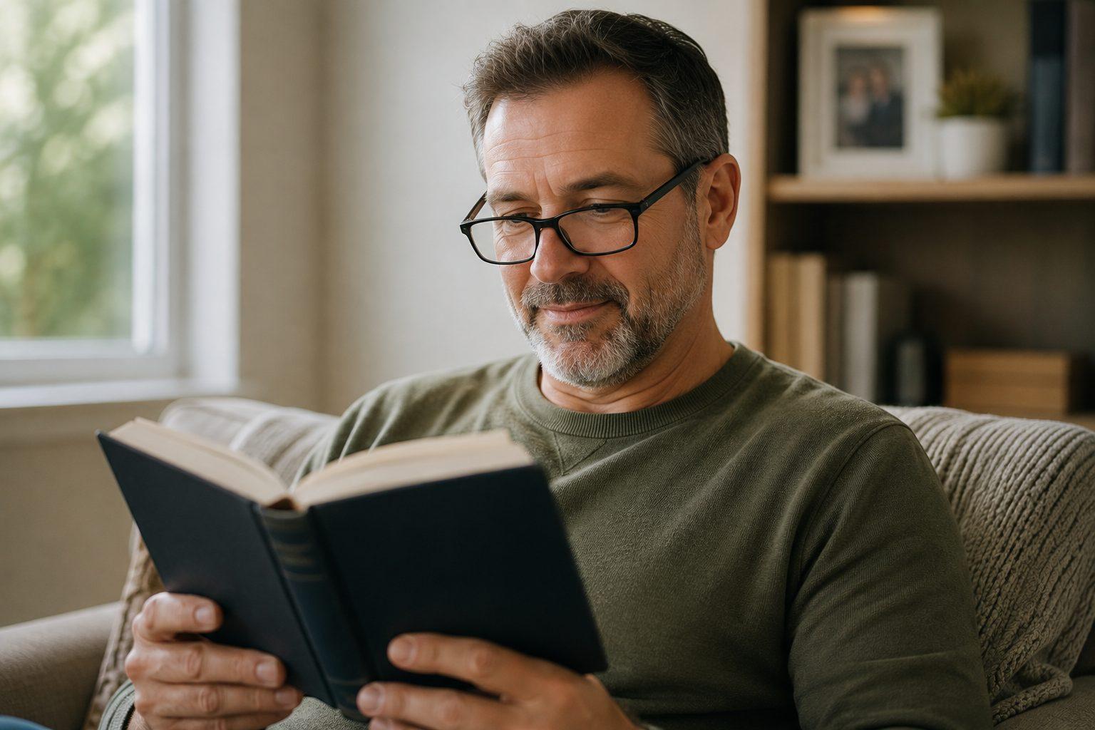 Middle-aged man wearing glasses while reading a book on a sofa at home.