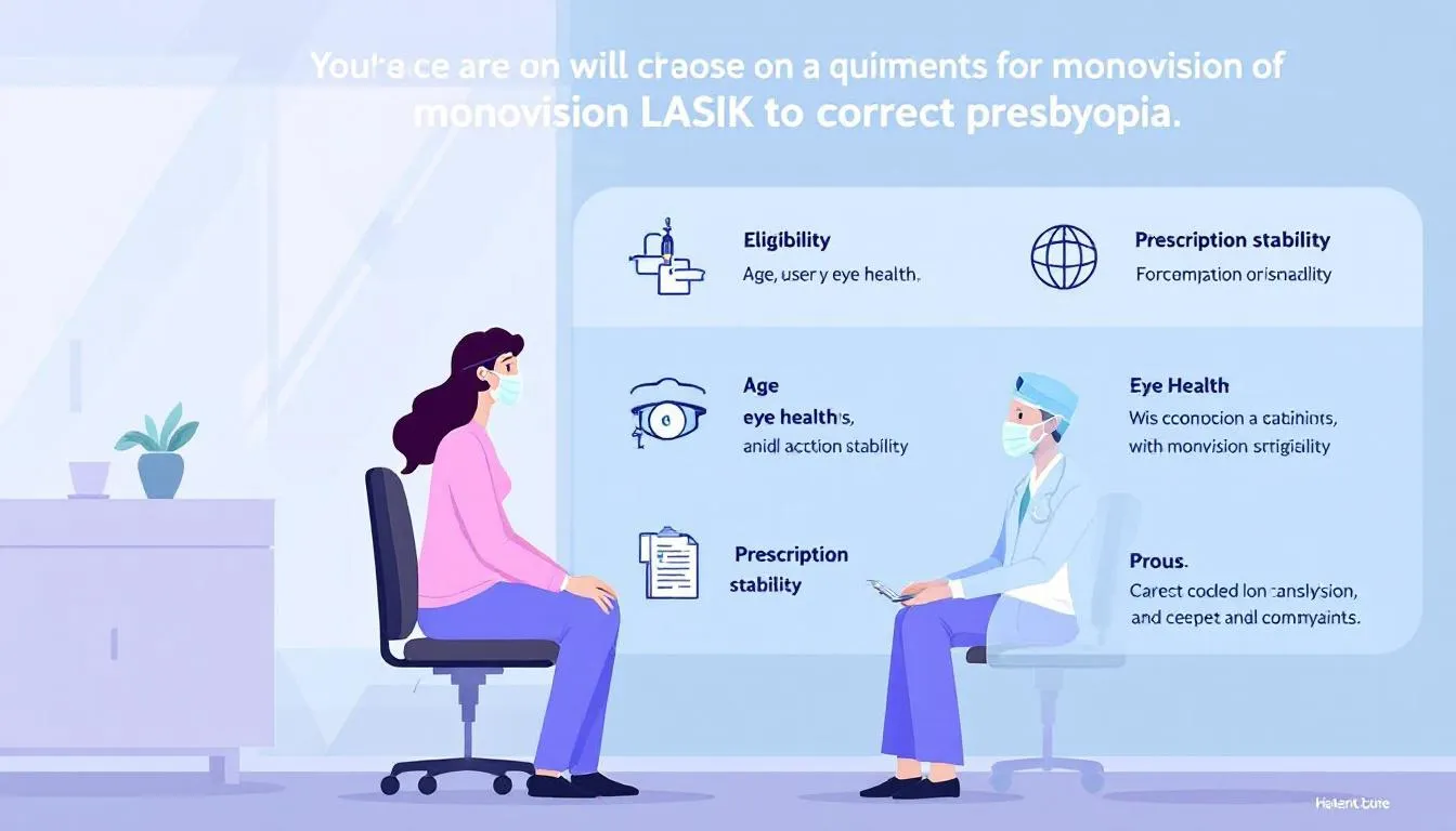 A patient wearing a mask consults with a healthcare professional in an exam room. Behind them, a chart outlines laser eye surgery eligibility criteria for monovision LASIK, including age, prescription stability, eye health, and pros/cons.