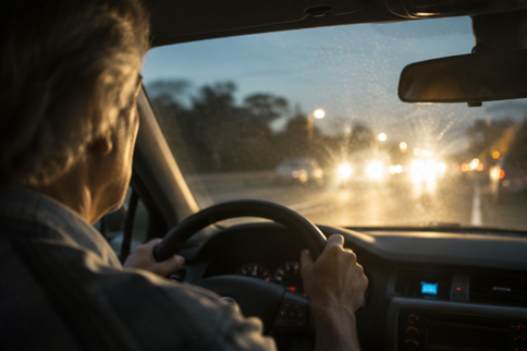Older driver facing glare from oncoming headlights on a wet road at dusk, a common cataract symptom