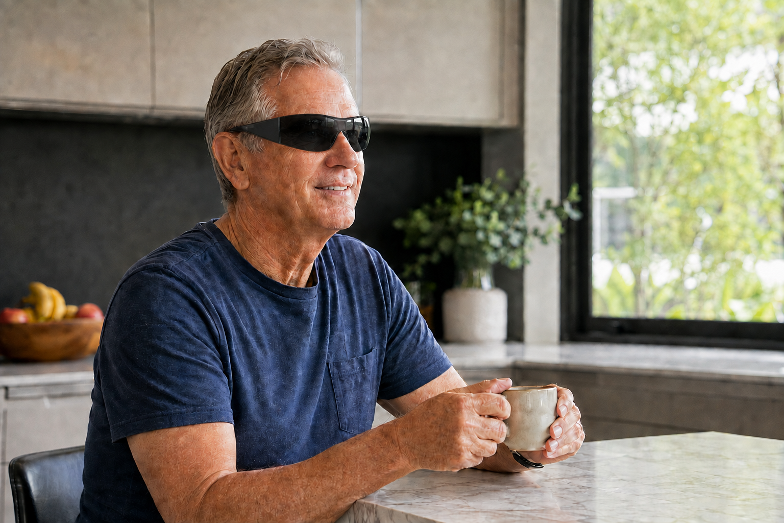 Older man wearing wraparound UV-protective glasses indoors, as required between light-adjustable lens treatments