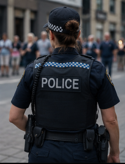 Police officer on patrol in the street, seen from behind in a POLICE vest.