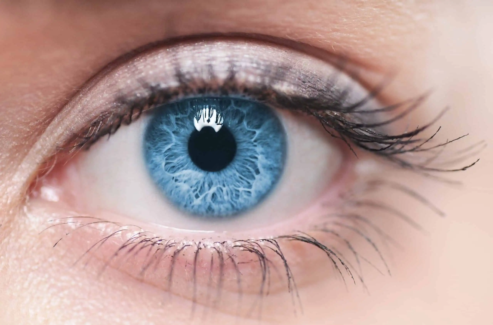 Close-up of a human blue eye with detailed iris patterns, visible eyelashes, and subtle eyeshadow, showcasing the clarity achievable with a Rayner Galaxy IOL for high-quality vision.