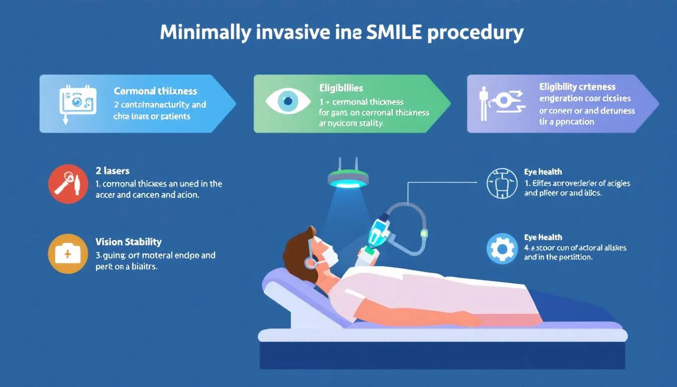 Illustration of a patient on a medical bed undergoing minimally invasive SMILE laser eye surgery, with icons and text highlighting corneal thickness, vision stability, eligibility, suitability, and key criteria for healthy eyes.