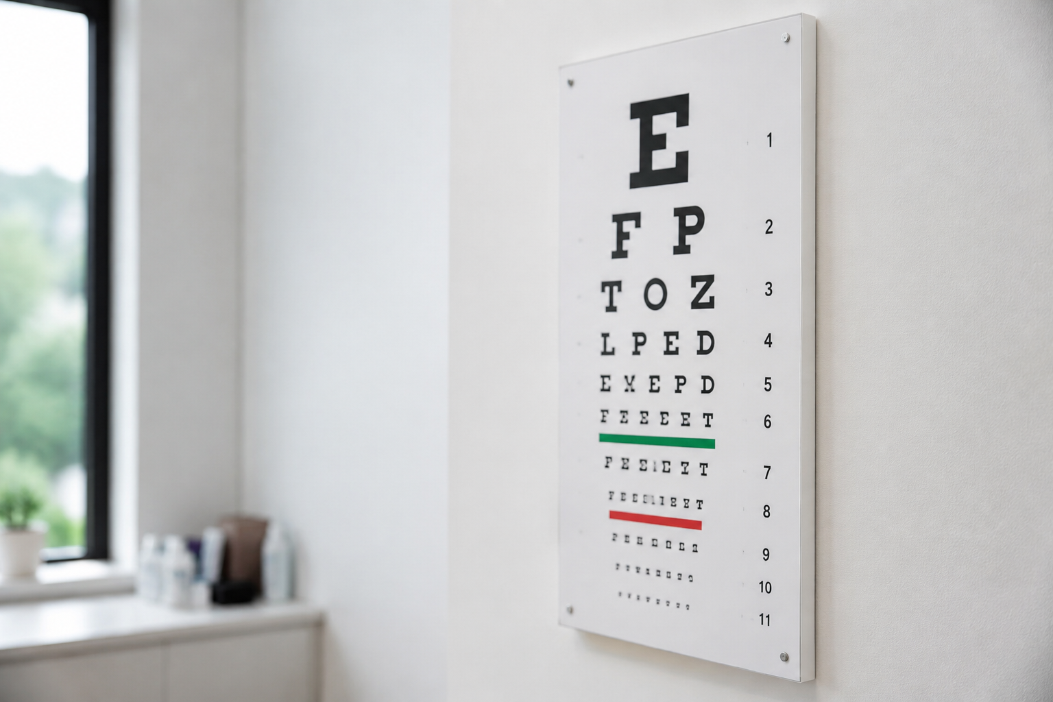 Snellen eye chart on a clinic wall, used to measure 6/6 visual acuity
