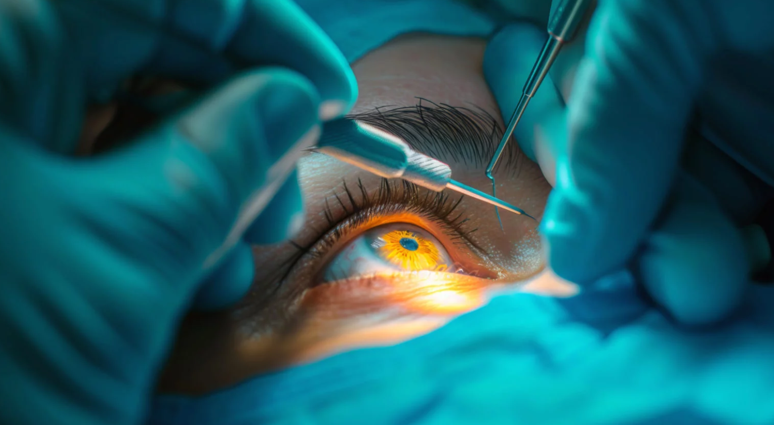 A close-up of a persons eye during laser vision correction, with medical instruments held by gloved hands and bright light reflecting off the eye.
