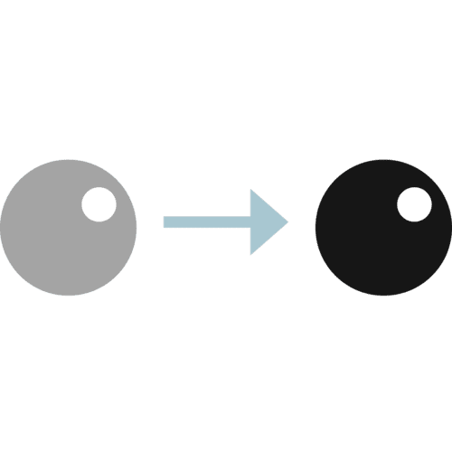 Gray circle on the left, black circle on the right with an arrow pointing from gray to black on a black background representing cataract surgery process