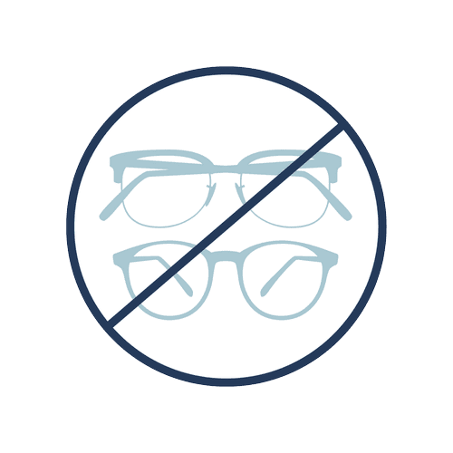 Crossed-out glasses in a circle illustrating life without glasses thanks to cataract surgery